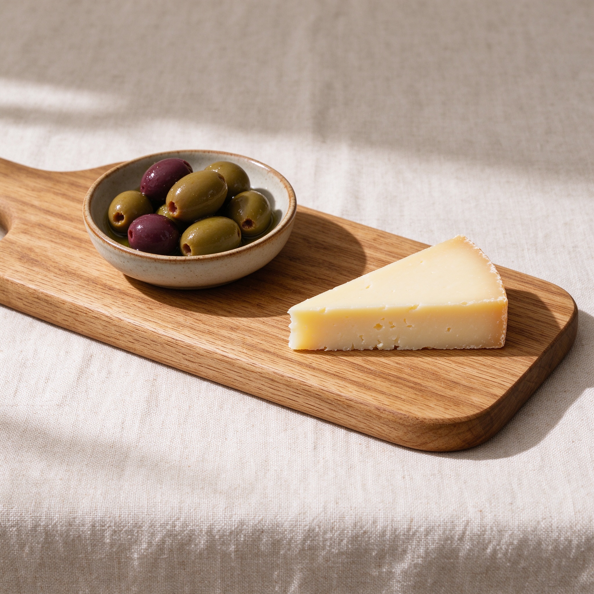 Solid oak serving board with olives and cheese
