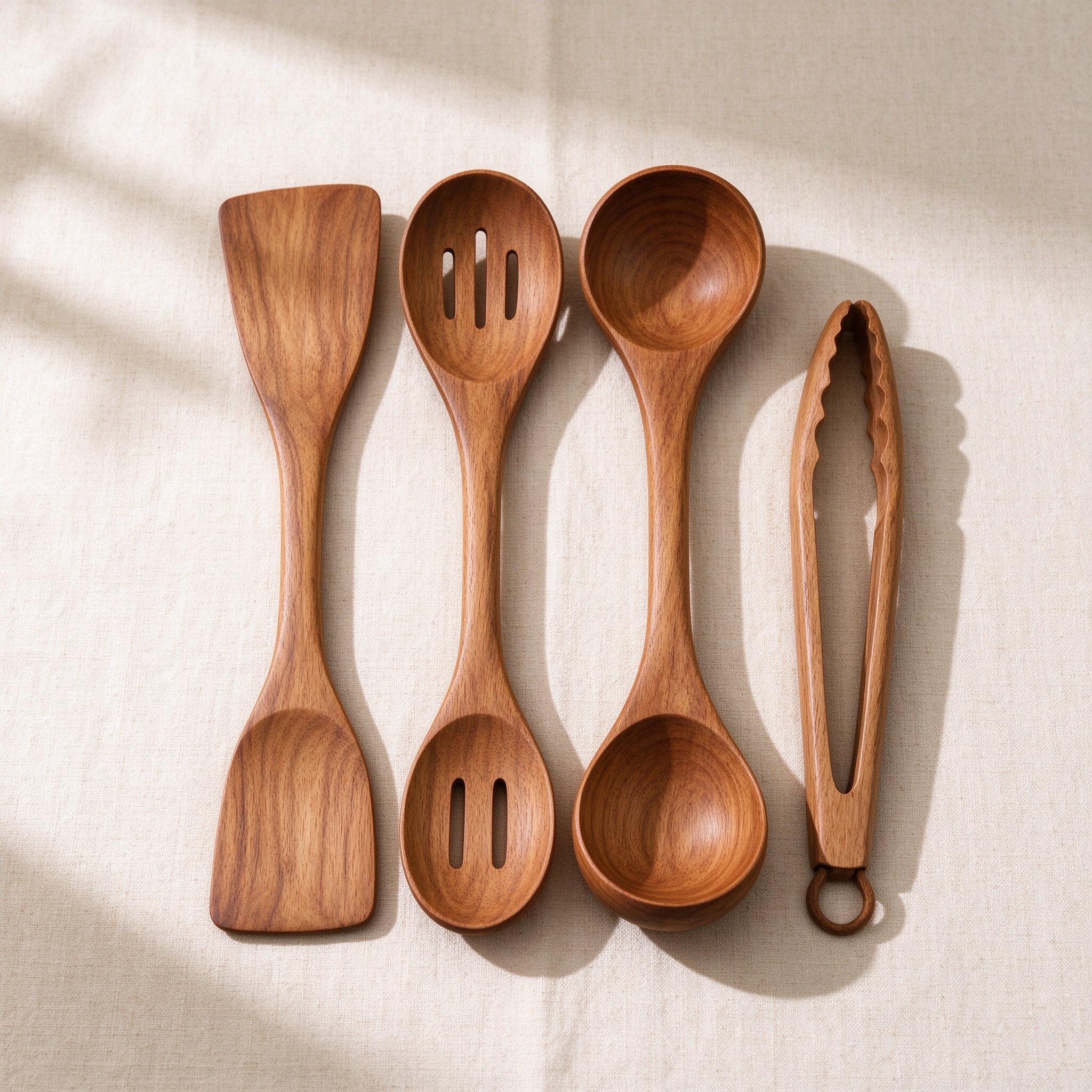 Acacia wood kitchen utensils on linen