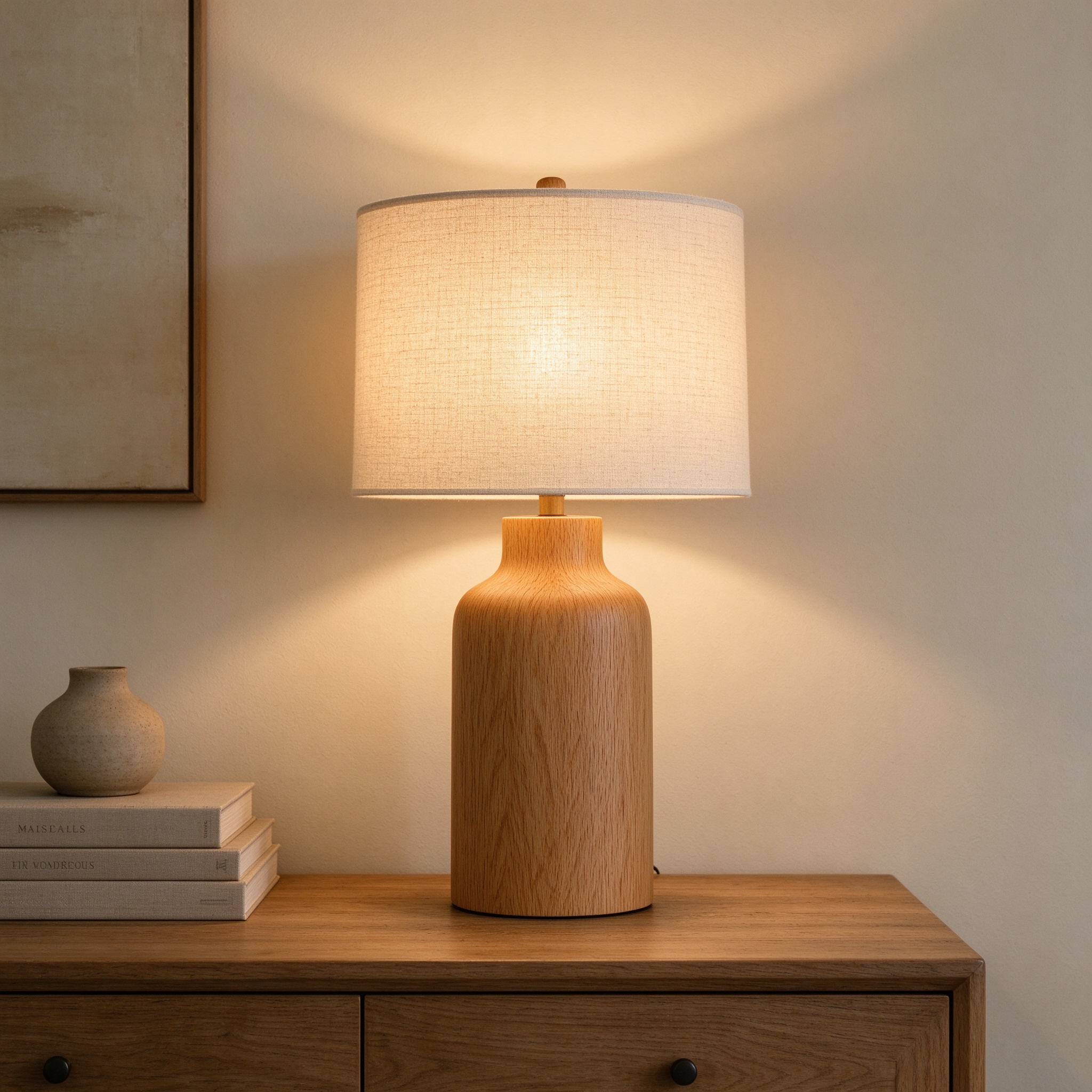 Solid oak table lamp with linen shade