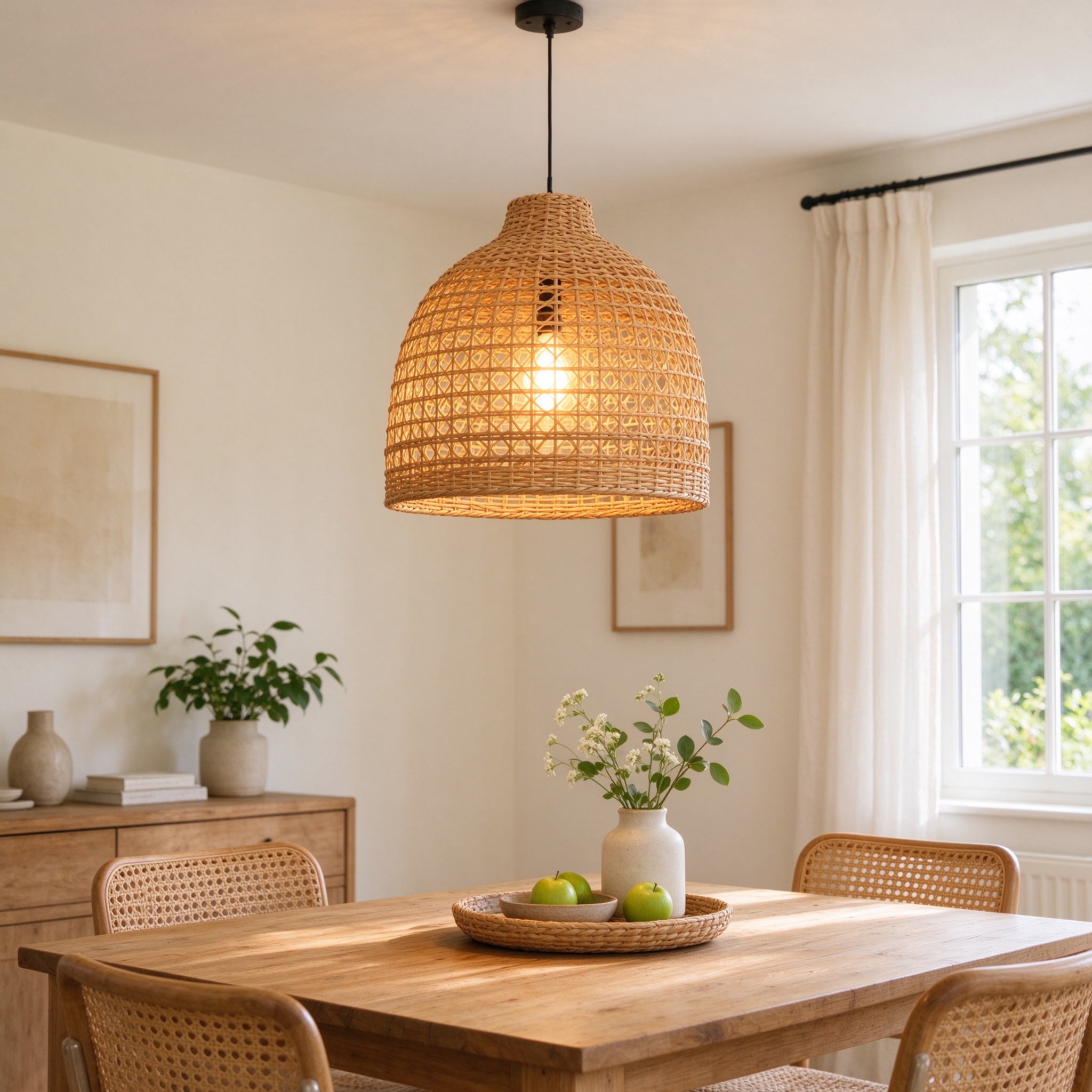 Woven rattan pendant lamp over dining table