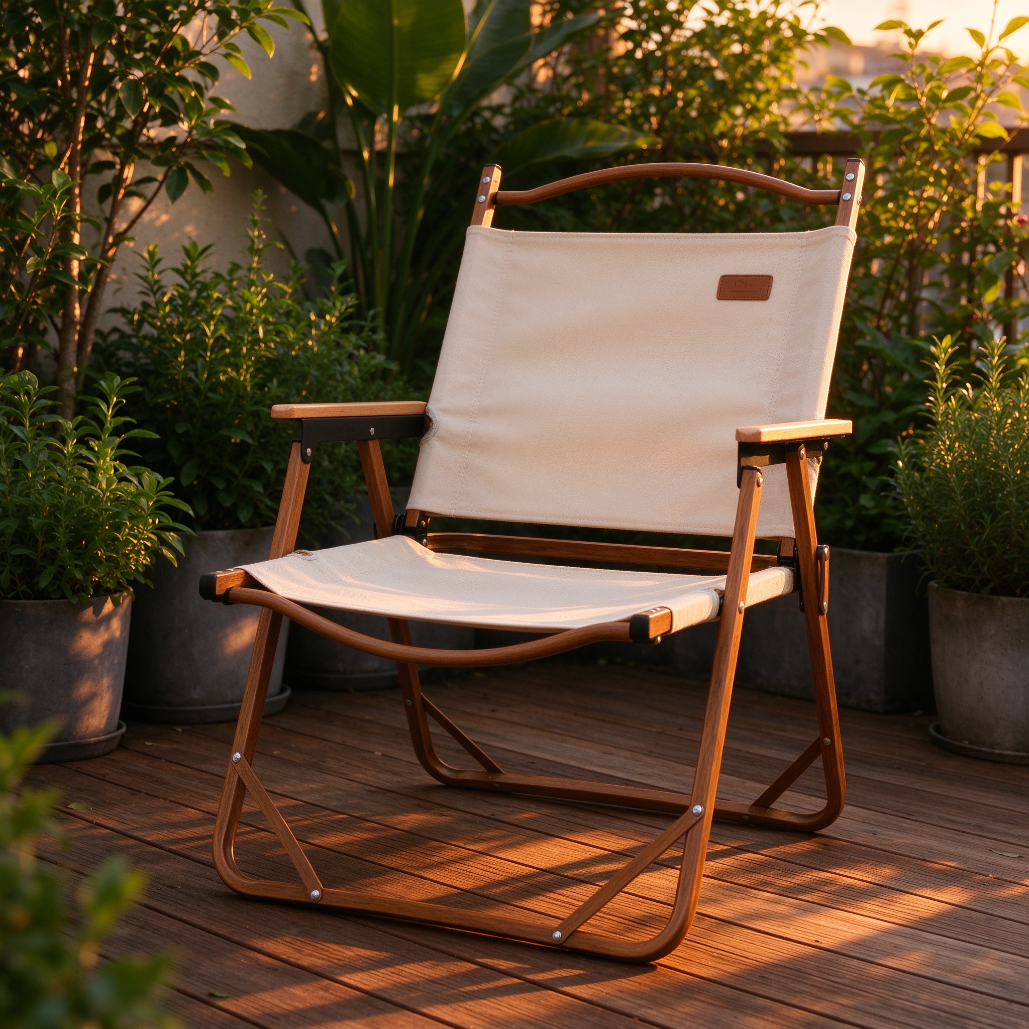Wood-frame folding camp chair on patio