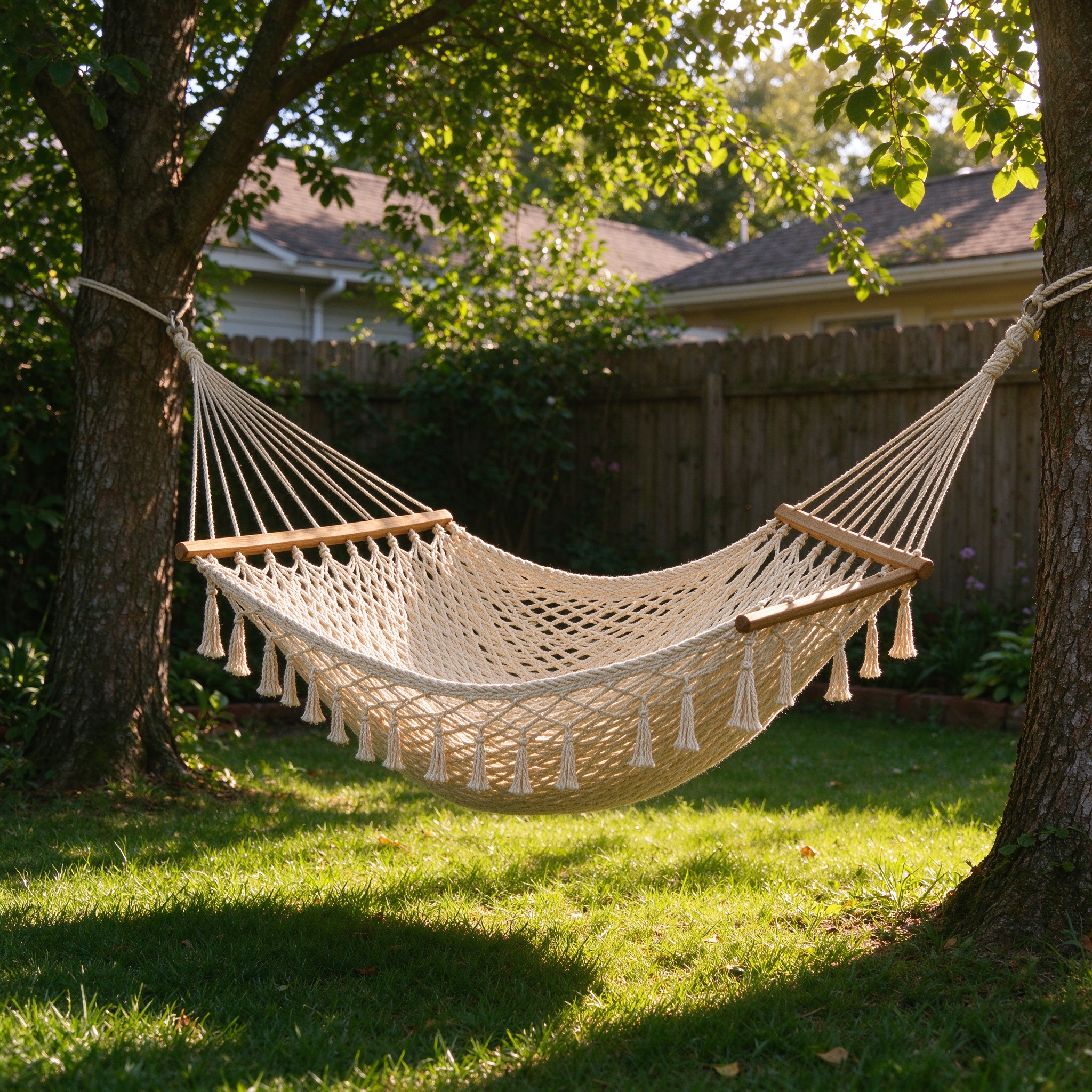 Cotton rope hammock with wooden bars