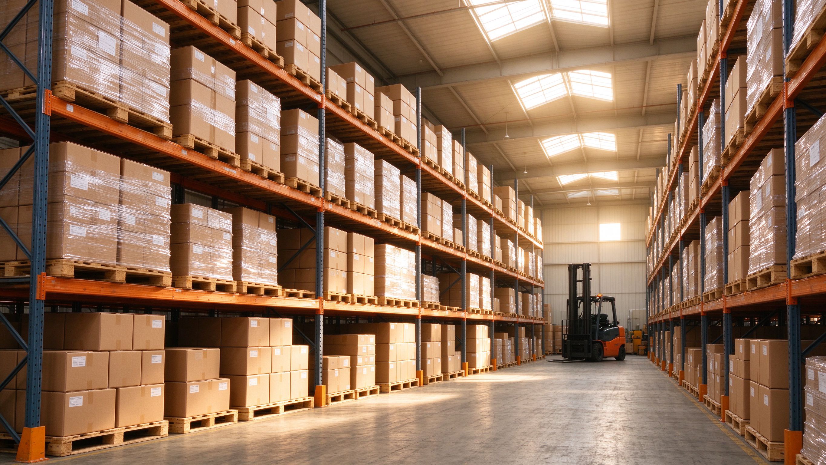 YAWI warehouse interior with racked pallets and bright skylights